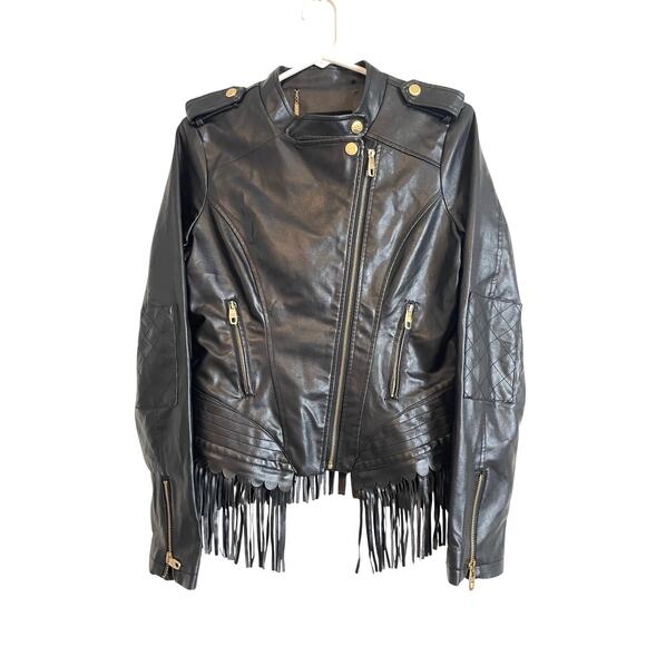 Steve Madden cropped black faux leather moto jacket fringe pockets logo medium - Picture 1 of 12